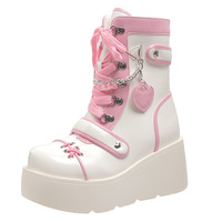 White Pink Heart Lace Up Platform Booties - Thumbnail 4