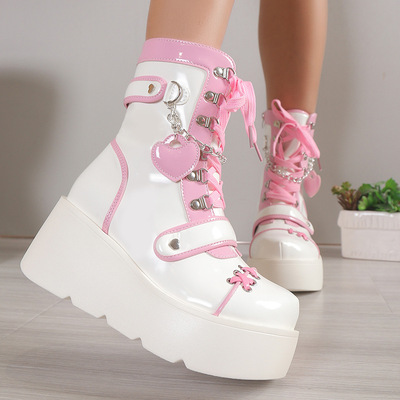 White pink heart lace up platform booties