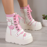 White Pink Heart Lace Up Platform Booties - Thumbnail 1