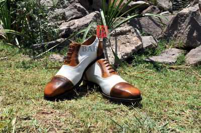 Handmade leather oxfords shoes premium leather two tone leather toe cap lace up men dress shoes