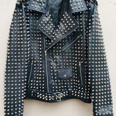 Crafted leather men silver studded punk rock gothic black leather jacket 