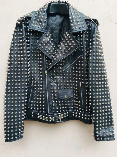 Crafted Leather Men Silver Studded Punk Rock Gothic Black Leather Jacket 