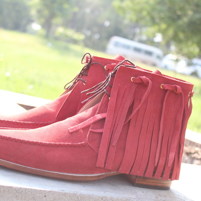 Crafted leather men's red suede leather fringes cowboy boot