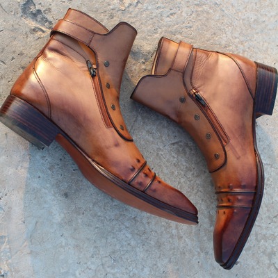 Crafted leather jo ghost italian mens brown leather buckle strap ankle high jodhpur boot with side zipper and button