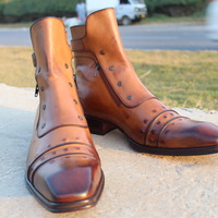 Crafted Leather Jo Ghost Italian Mens Brown Leather Buckle Strap Ankle High Jodhpur Boot With Side Zipper and Button - Thumbnail 1