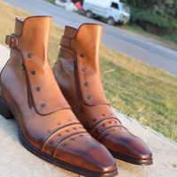 Crafted Leather Jo Ghost Italian Mens Brown Leather Buckle Strap Ankle High Jodhpur Boot With Side Zipper and Button - Thumbnail 2