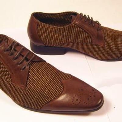 Men's retro tweed brogue toe derby brown formal dress handmade leather shoes