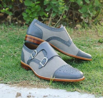 Gray Blue Monk Brogue Toe Double Buckle Straps Formal Dress Genuine Leather Shoes