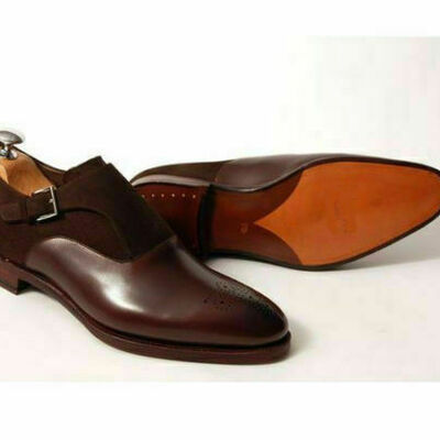 Handmade men brown suede and leather formal shoes, men brown monk dress shoes - Thumbnail 3