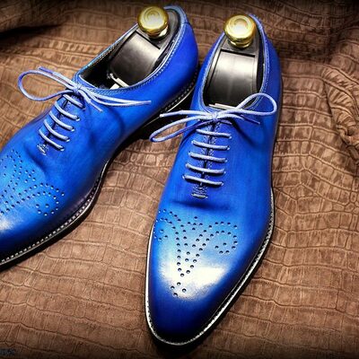 Handmade men's blue color shoes derby brogue leather lace up formal shoes