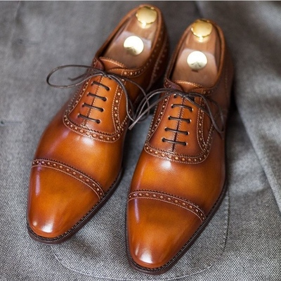 Handmade men's tan color cap toe stylish shoes stylish lace up leather shoes
