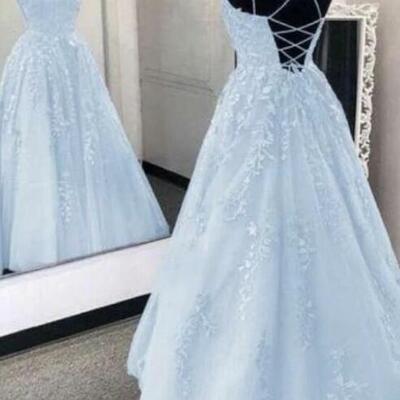 Straps light blue long prom dress with lace - Thumbnail 4