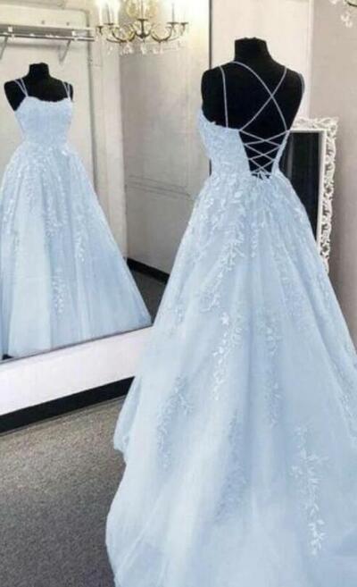 Straps Light Blue Long Prom Dress With Lace