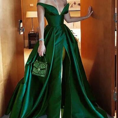Elegant off shoulder slit dark green evening dresses