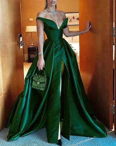 Elegant Off Shoulder Slit Dark Green Evening Dresses