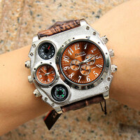 Young Mens Watches Large Case Dual Time Zones Strap Quartz Causal Watch HP1349 - Thumbnail 1