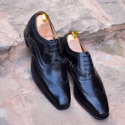 Handmade leather oxfords wingtip and brogue black leather lace up men dress shoes formal wear handmade shoes