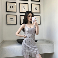 Sexy V-neck Tassel Splicing Sequin Party Dress - Thumbnail 4