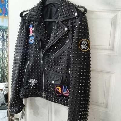 Crafted leather punk studded brando men's motorcycle leather jacket - Thumbnail 4