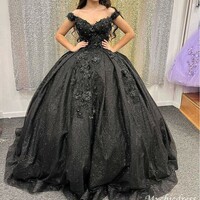 Ball Gown Black Sweet 16 Dress off shoulder Quinceanera Dresses Beaded - Thumbnail 2