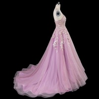 Beautiful Fans A-line V Neck Prom Dress Sleeveless Long Floor-Length Lace Tulle With Beading Evening Dress - Thumbnail 2