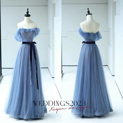 Blue Sequins Bow Sash Prom Dresses A-Line Princess Strapless Sleeveless Backless Floor-Length Long Formal Dresses G-2180