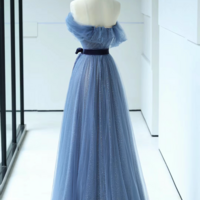 Blue Sequins Bow Sash Prom Dresses A-Line Princess Strapless Sleeveless Backless Floor-Length Long Formal Dresses G-2180 - Thumbnail 2