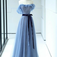 Blue Sequins Bow Sash Prom Dresses A-Line Princess Strapless Sleeveless Backless Floor-Length Long Formal Dresses G-2180 - Thumbnail 1