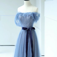 Blue Sequins Bow Sash Prom Dresses A-Line Princess Strapless Sleeveless Backless Floor-Length Long Formal Dresses G-2180 - Thumbnail 3