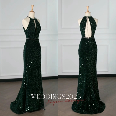 Luxurious navy green long velvet evening gown mermaid tulle slit halter neck backless ball gown party dress v-2248