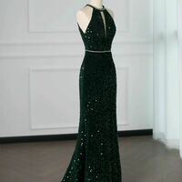 Luxurious Navy Green Long Velvet Evening Gown Mermaid Tulle Slit Halter Neck Backless Ball Gown Party Dress V-2248 - Thumbnail 2