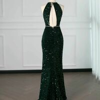 Luxurious Navy Green Long Velvet Evening Gown Mermaid Tulle Slit Halter Neck Backless Ball Gown Party Dress V-2248 - Thumbnail 1