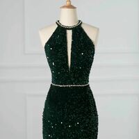 Luxurious Navy Green Long Velvet Evening Gown Mermaid Tulle Slit Halter Neck Backless Ball Gown Party Dress V-2248 - Thumbnail 3