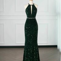 Luxurious Navy Green Long Velvet Evening Gown Mermaid Tulle Slit Halter Neck Backless Ball Gown Party Dress V-2248 - Thumbnail 4