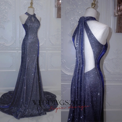 Luxurious navy blue long velvet evening gown mermaid tulle slit halter neck backless ball gown party dress f-5541