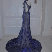 Luxurious Navy Blue Long Velvet Evening Gown Mermaid Tulle Slit Halter Neck Backless Ball Gown Party Dress F-5541 - Thumbnail 4