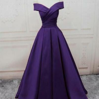 Off shoulder dark purple satin long prom formal gown - Thumbnail 4