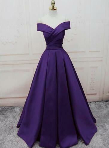 Off Shoulder Dark Purple Satin Long Prom Formal Gown