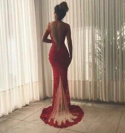 Mermaid Wine Red Split Lace Evening Dresses