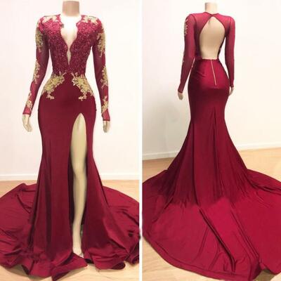 Sexy mermaid burgundy lace applique evening dresses - Thumbnail 3