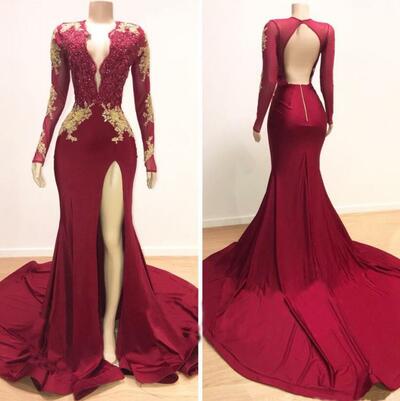 Sexy Mermaid Burgundy Lace Applique Evening Dresses