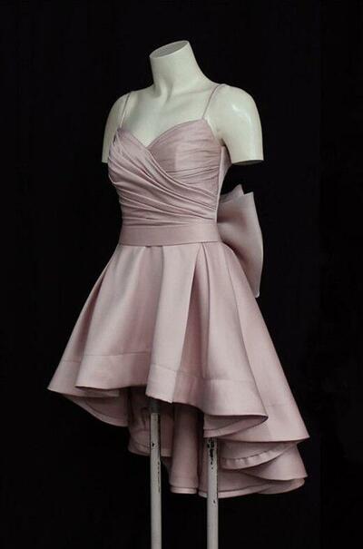 High Low Style Satin Short Prom Homecoming Dresses With Bow Back 