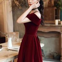 Off Shoulder Wine Red Velvet Long Evening Dress - Thumbnail 1