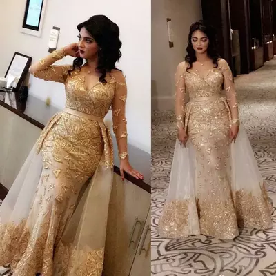 Gold luxurious sexy evening dresses sheer neck lace beaded prom dresses mermaid formal party second reception gowns