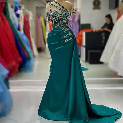 Arabic hunter green mermaid prom dress crystals lace evening formal party second reception birthday engagement gowns dresses robe de soiree 