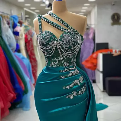 Arabic Hunter Green Mermaid Prom Dress Crystals Lace Evening Formal Party Second Reception Birthday Engagement Gowns Dresses Robe De Soiree 