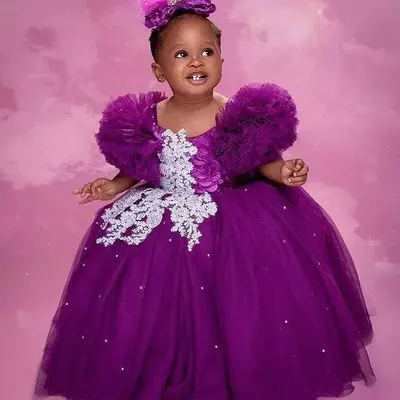  purple lace crystals flower girl dresses ball gown tulle elegant lilttle kids birthday pageant weddding gowns - Thumbnail 4