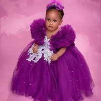  Purple Lace Crystals Flower Girl Dresses Ball Gown Tulle Elegant Lilttle Kids Birthday Pageant Weddding Gowns - Thumbnail 1