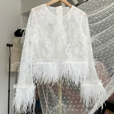 White lace feather crop lace tops custom plus size wedding bridesmaids lace blouse - Thumbnail 1