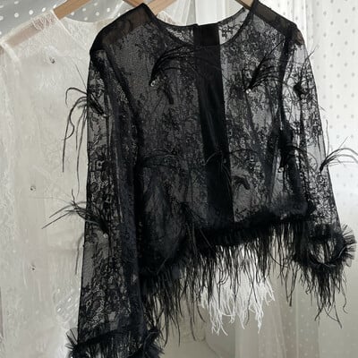 Black feather top long sleeve crop lace top outfit custom plus size wedding guest black top with feather trim on sleeves - Thumbnail 1